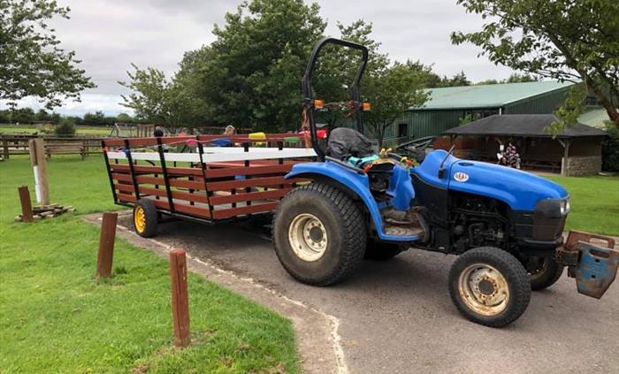 A brown trailer with brightly coloured bunting attached to a blue tractor.